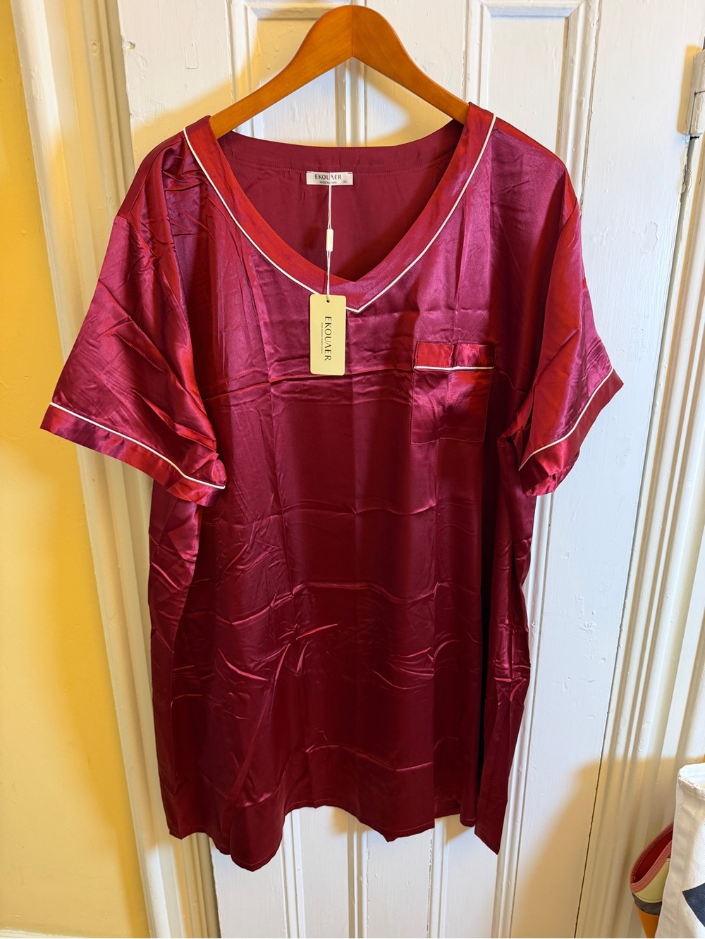 NWT Ekouaer Satin Nightgown Sleep Shirt Wine Red 3XL Short Sleeve Pajama Dress